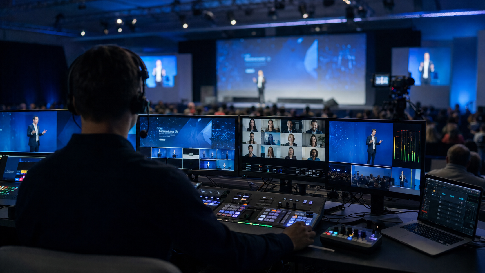 Technician managing a hybrid and virtual event production