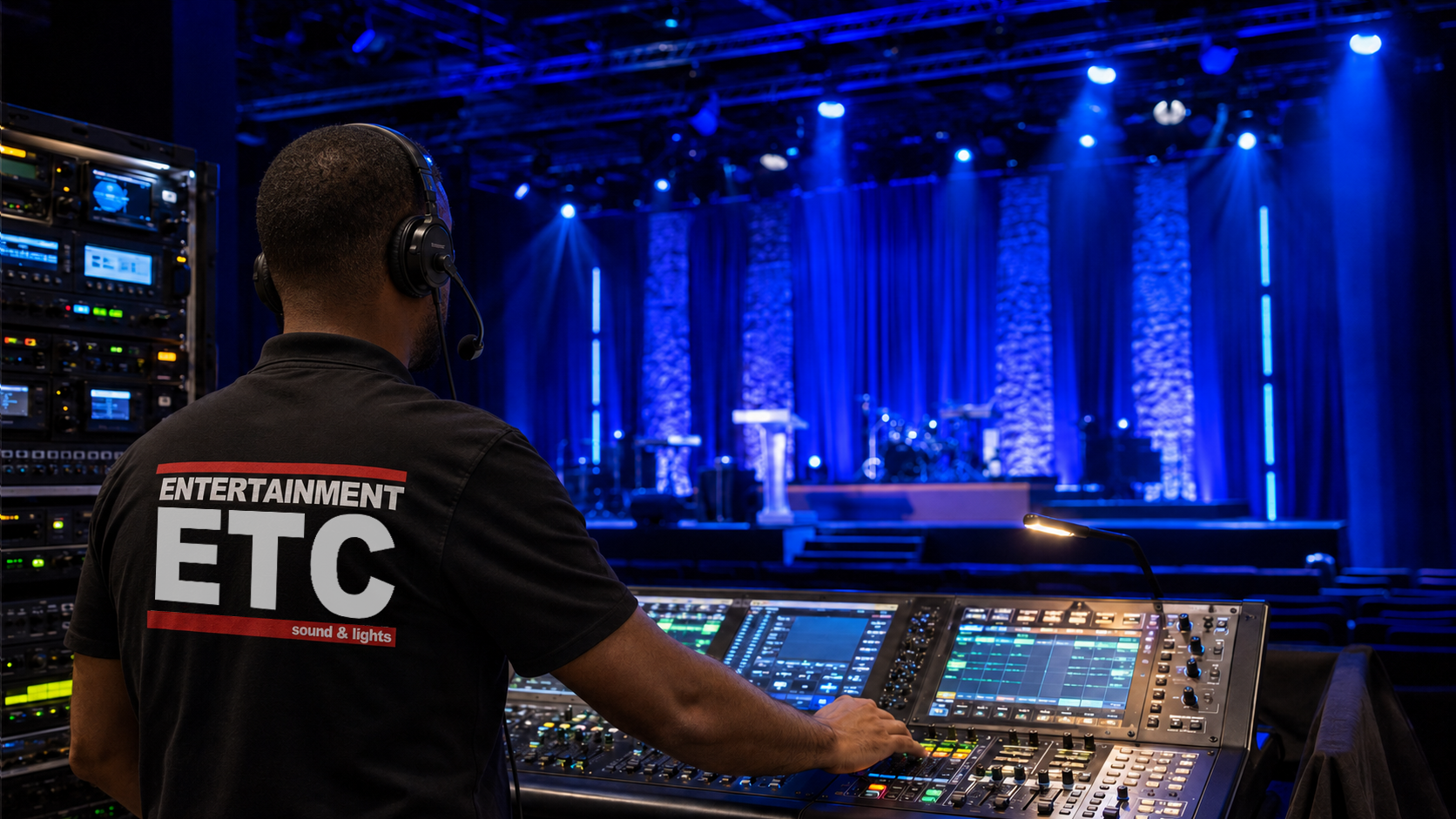 Entertainment Etc. AV technician operating a live event production console